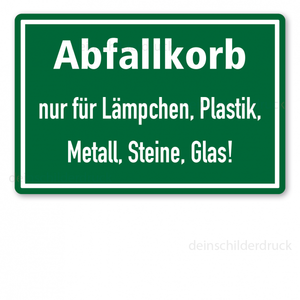 Textschild zur Abfallentsorgung - Abfallkorb - nur für Lämpchen, Plastik, Metall, Steine, Glas (Friedhofsschild)