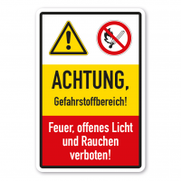 Sicherheitsschild Achtung Gefahrstoffbereich - Feuer, offenes Licht und Rauchen verboten - Kombi Sicherheitsschild Achtung Gefahrstoffbereich - Feuer, offenes Licht und Rauchen verboten - Kombi