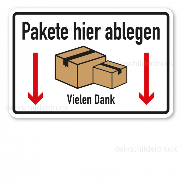 Schild mit Hinweisen zur Paketzustellung - Pakete hier ablegen - Vielen Dank – mit Symbol