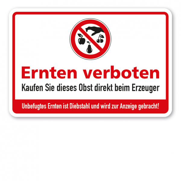 Ernteschild / Verbotsschild Ernten verboten - Kaufen Sie dieses Obst direkt beim Erzeuger - Unbefugtes Ernten ist Diebstahl und wird zur Anzeige gebracht – mit Verbotszeichen Apfel, Birne, Kirsche