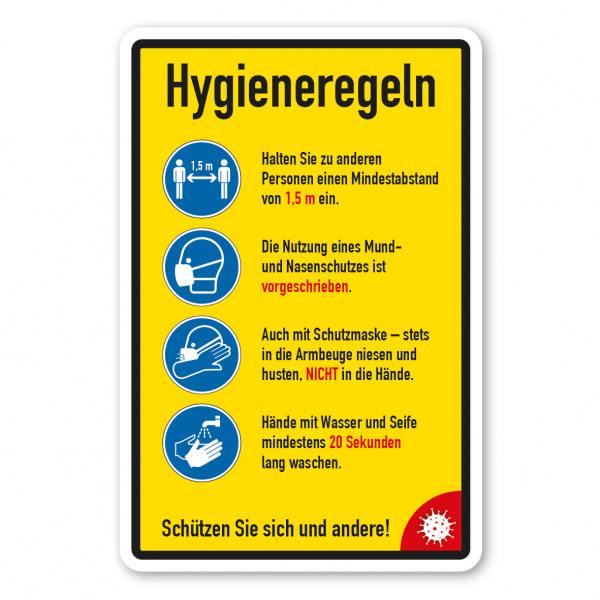 Hygieneschild Hygieneregeln - 1,5 m Abstand - Mund- und Nasenschutz - in Armbeuge niesen - Hände waschen - Kombi