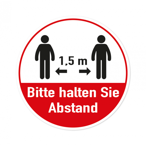 Bodenmarkierung - Bitte halten Sie Abstand - 1,5 Meter - Rund - Weiß/Rot - verschiedene Größen