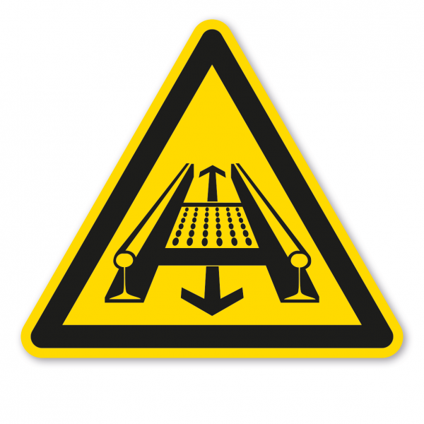Warnzeichen Warnung vor Gefahren durch eine Förderanlage im Gleis
