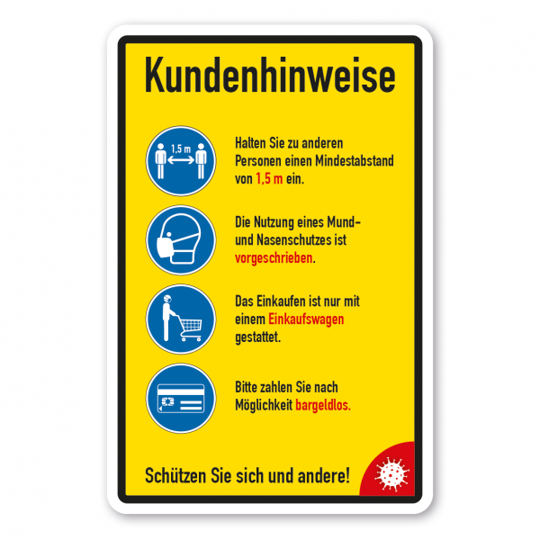 Hygieneschild Kundenhinweise - 1,5 m Abstand - Mund- und Nasenschutz - Einkaufen nur mit Einkaufswagen - Bargeldlos zahlen - Kombi