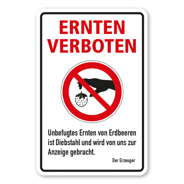 Ernteschild / Verbotsschild Ernten verboten - Unbefugtes Ernten von Erdbeeren ist Diebstahl und wird von uns zur Anzeige gebracht – mit Verbotszeichen Erdbeere