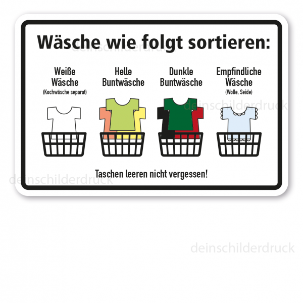 Schild mit Hinweisen zur Sortierung von Wäsche